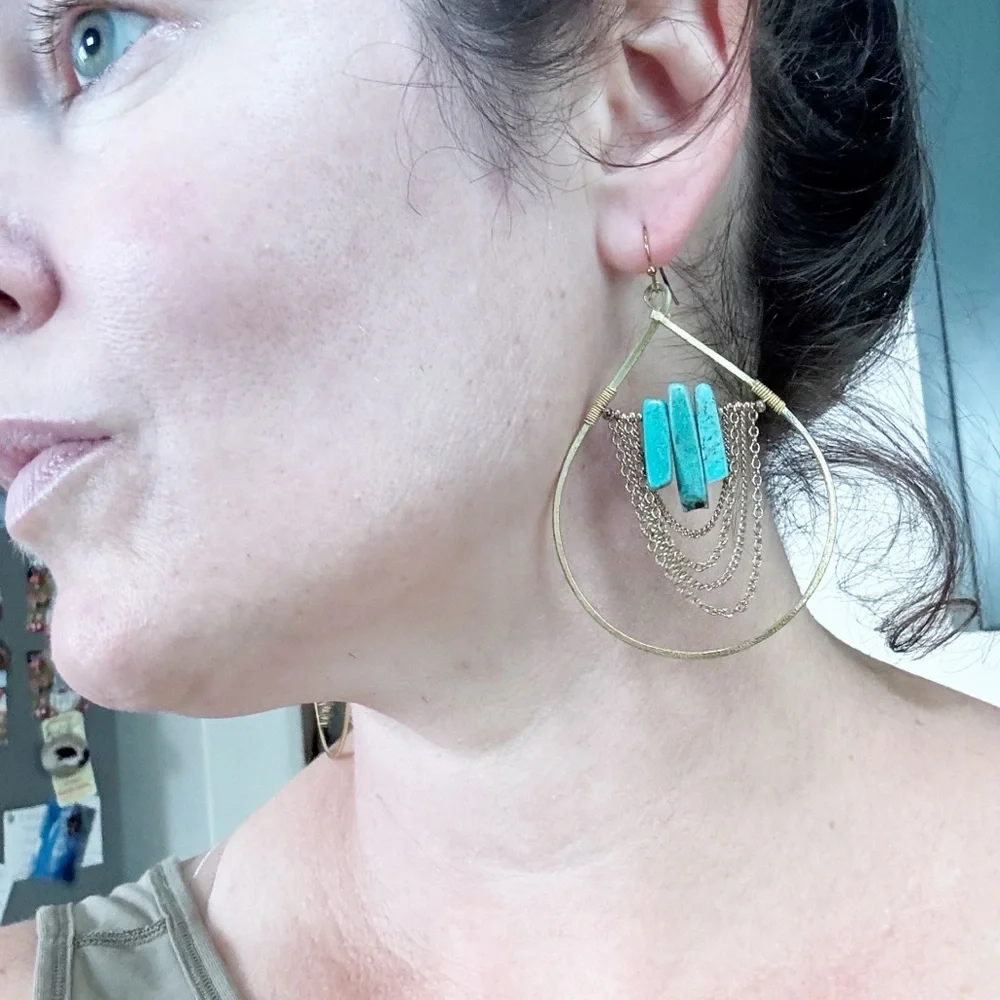 Betsy & Iya | Gold Tone Dangle Earrings w/ Turquoise Stones + Chain Details‎